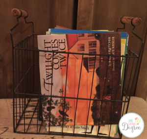 Wire baskets are perfect for storing books in the classroom.